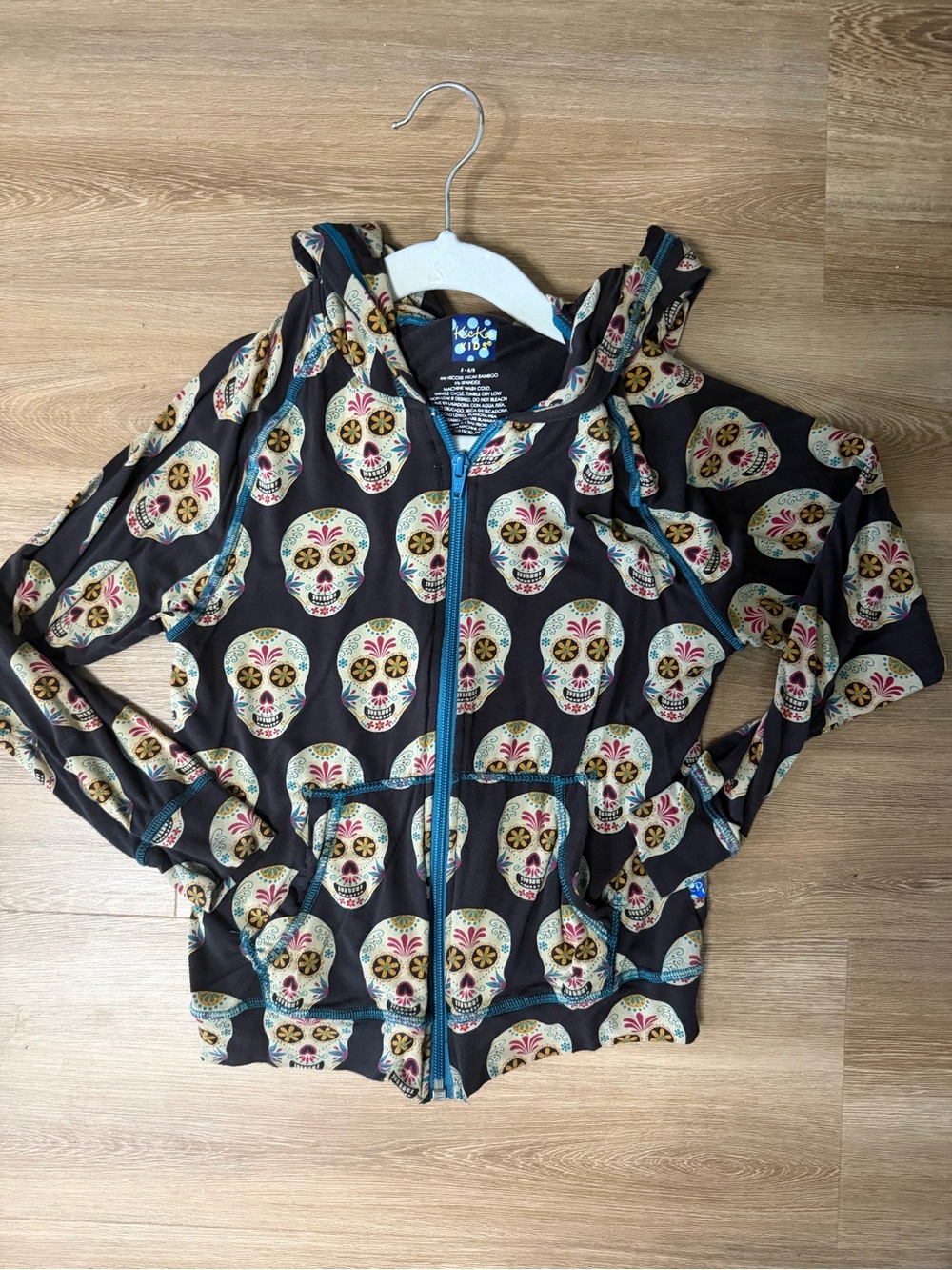 Kickee Pants Black Sugar Skull Zip Hoodie with Blue Trim, dia de los muertos